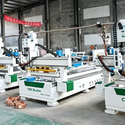 Multiple CNC router machines in factory workshop using flexible cable drag chains