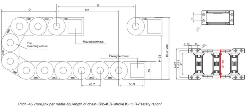 structure drawing for 20x50mm cable chains for automation equipments 