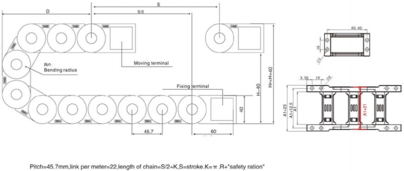 drawing of nylon cat track cable carrier chain for cable pipe protection 