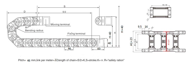 structure map for internal height 25mm reinforced cable carrier 