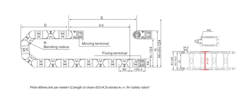 side link structure of 35x150  reinforced nylon enclosed cable chain with side open 