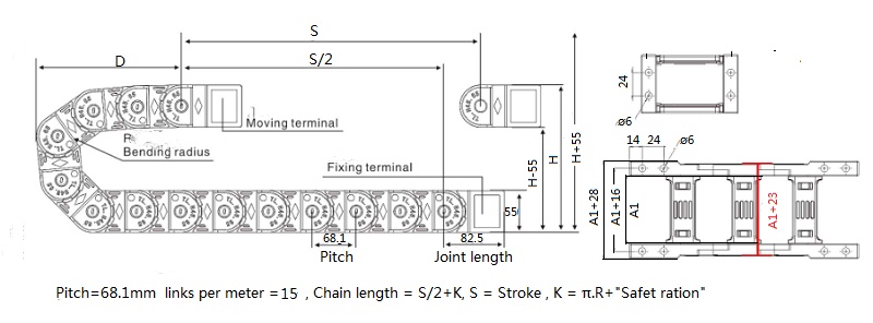 drawing for 35x125 reinforced cable chain for laser machine