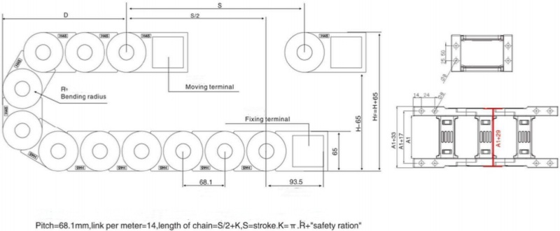 structure drawing for plastic drag chain for automation tech 