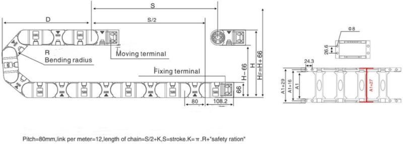 structure drawing of openable enclosed reinforced drag chain 