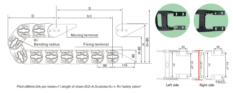 modular link strucuture of inner height 58mm heavy duty cable chain for Industrial Automation