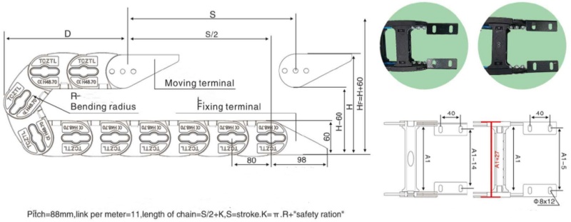 chain link drawing of sliding nyon energy chain long travel cable track system for port crane terminal crane
