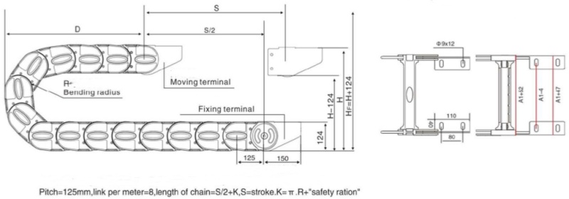 chain link structure of inner height 100mm enery chain heavy loading plastic cable hose track chain with metal end brackets 