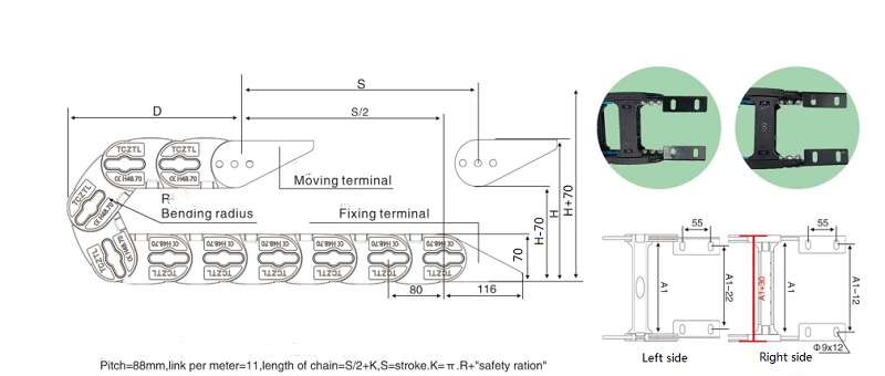modular chain link drawing of open sliding energy chain  