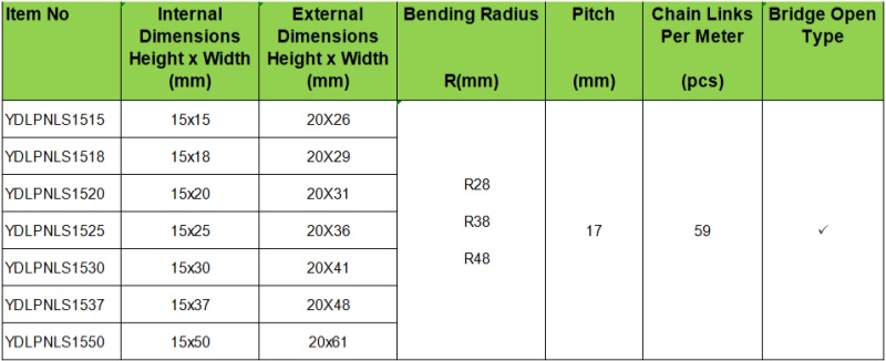 optional sizes for 15mm high speed cable chain silent plastic chain with low noise