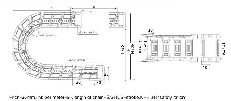 drawing structure for reinforced nylon low noise drag chain for automation equipment