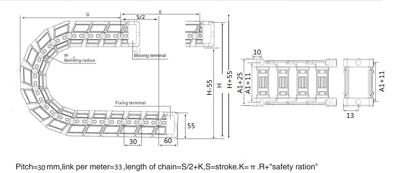hinged structure drawing of low noise plastic cable drag chain for Lithium battery equipment