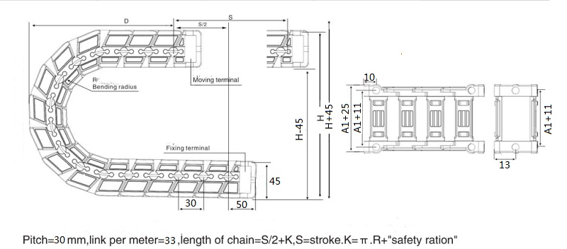 structure drawing for height 35mm mute cable chain low noise plastic chain for Small CNC routers