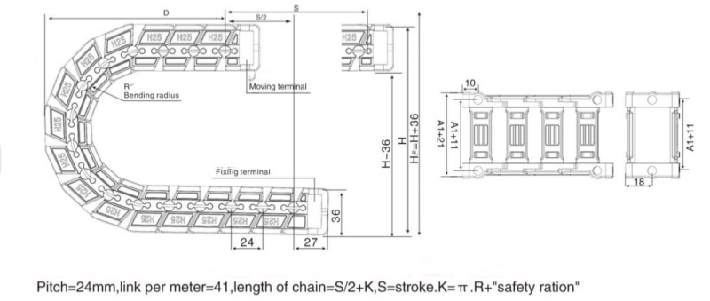structure drawing of Plastic energy chain low noise flexible cable drag chain 25mm inner height