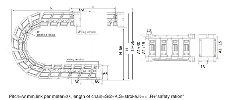 hinged chain drawing of height 55mm silent cable carrier oen type energy chain for CNC Gantry routers