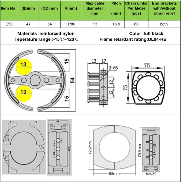 structure drawing of ID 47 universal cable cahin easy-access cable carrier for 6-axis welding robot