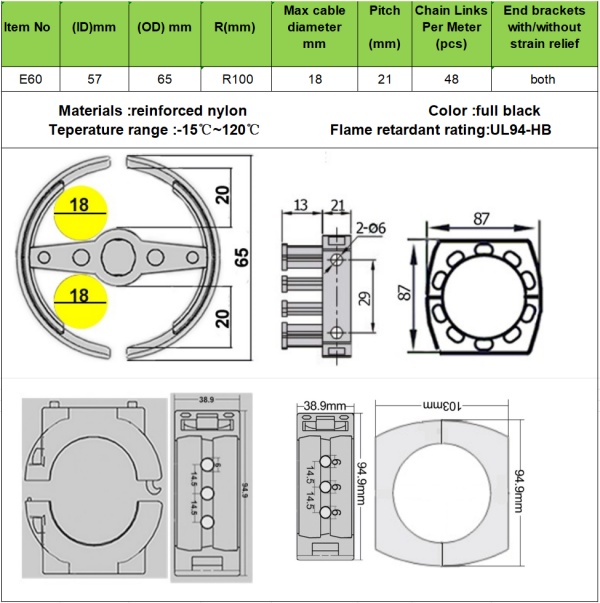 structure drawing of E60 ID57mm universal 3D chain 6‑axis welding robots cable drag chain 