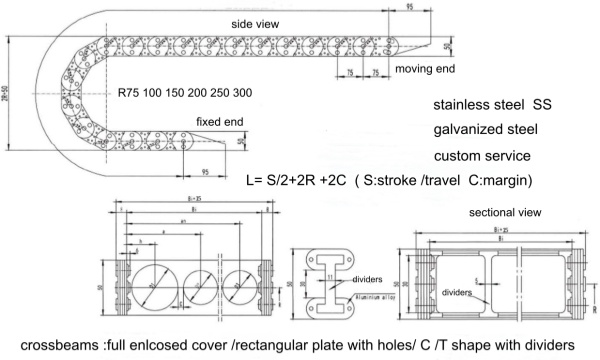 chain diagram of TL75 zinc plate drag chain height 50mm TLG 75 SS cable chains 