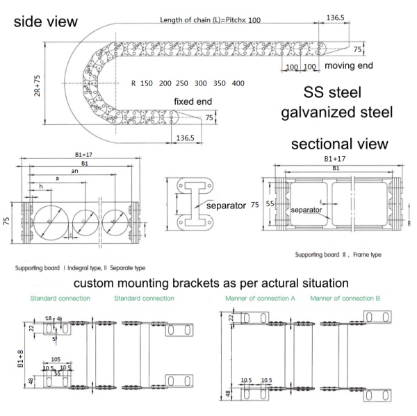 chain links drawing for TL100 TLG100 Long travel TL100 steel drag chain for large port machinery