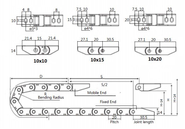 10mm nylon drag chain structure and mounting brackets details