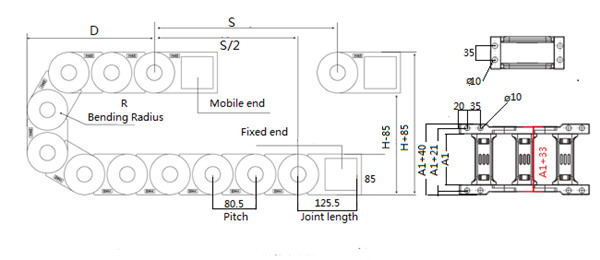 65x100 cable drag chain h65 series plastic cable carrier -side chain structure drawing details