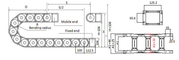 80x300 nylon drag chain 80series heavy duty cable carrier -side structural diagram