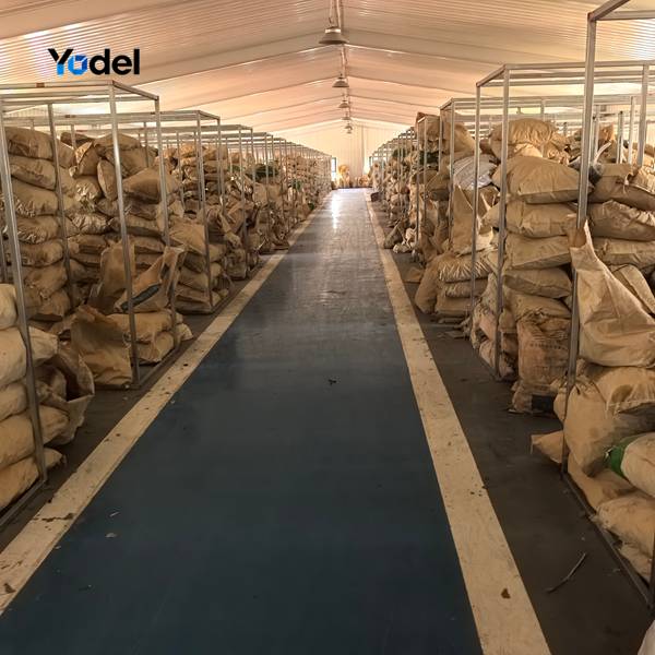 High grade PA66 engineering nylon raw material bags stored in organized factory warehouse racks for cable and hose carrier 80x150 production