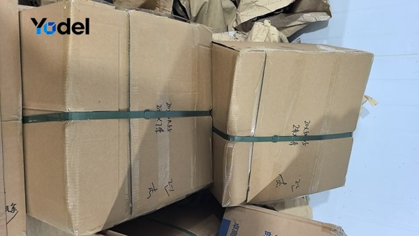Strapped export cardboard boxes containing assembled 25x75 CNC drag chain R55 stock ready for shipment