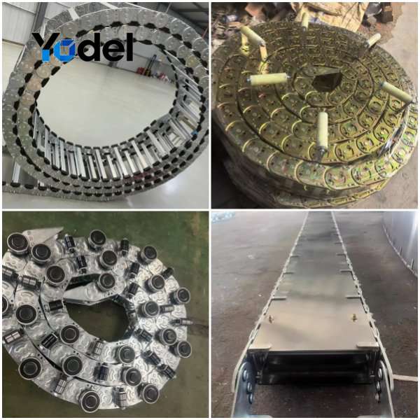 Specialized accessories for custom stainless steel cable carriers including slide shoes support rollers and closed band drag chains