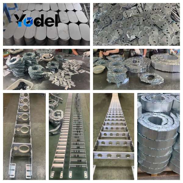 In-house manufacturing process of custom stainless steel cable carriers from stamping and heat treatment to assembly and export packaging