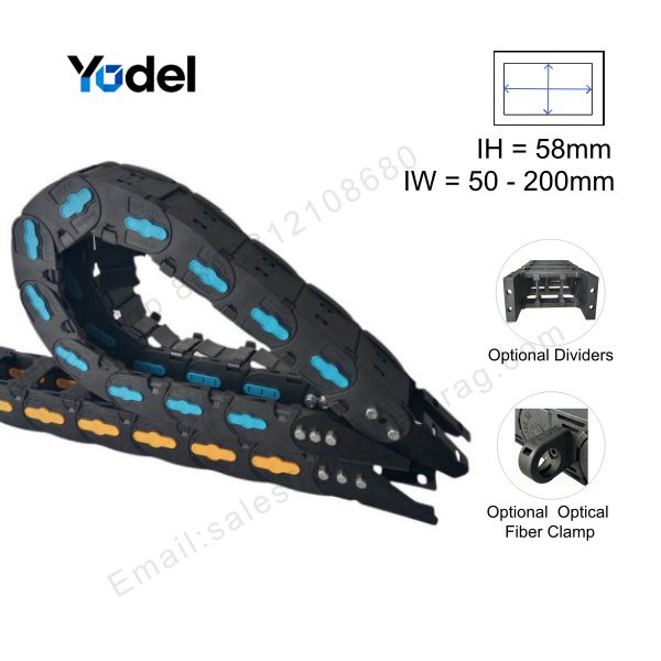 C58mm Series  heavy duty enclosed energy chain side open type plastic cable chain with robust metal mounting brackets 