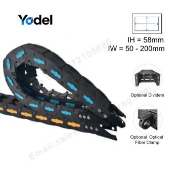 C58mm Series  heavy duty enclosed energy chain side open type plastic cable chain with robust metal mounting brackets 